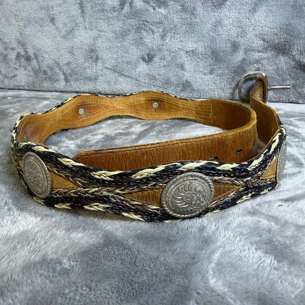3-D Belt Co Size 40 Tan Leather Braided Horsehair Silver Concho Western Belt
